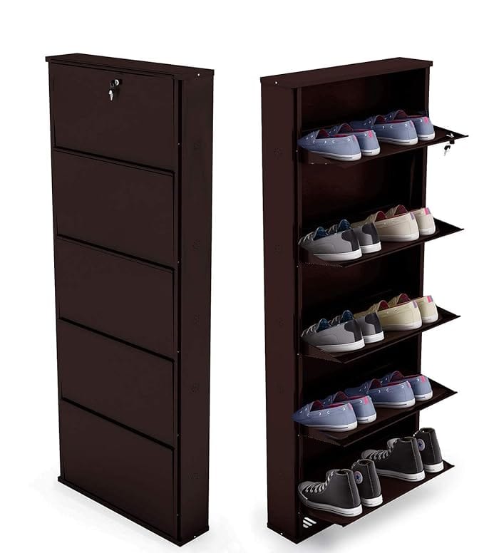 Imw Alloy Steel 5 Door Shoe Rack 21" For Home|Holds Upto 12 Pairs|Wall Mounted|Space Saver|Rust Free|Sturdy And Durable|Chappal/Slipper Stand|Metal Shoe Cabinet (Brown, 530 X 140 X 1710 Mm)